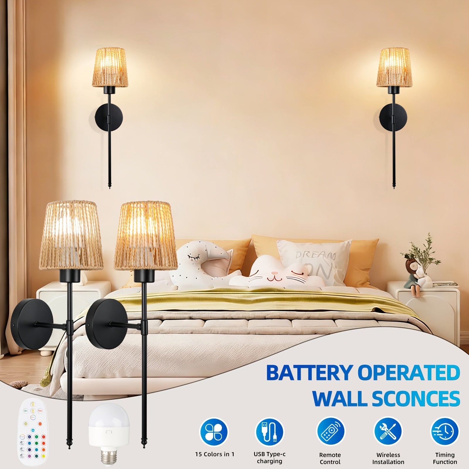 Pair of Battery Operated Wall Lights with Remote Control, Rechargeable Rattan Design, Includes Bulbs and Charging Cable, Wireless Woven Bamboo Lantern, Perfect for Bohemian Style Lighting in Bedroom, Living Room and Hallway