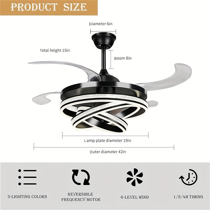 This 42 Inch Ceiling Fan Features Modern Stylish Design with 4 Retractable ABS Blades, Perfect for Bedroom Living Room Dining Room and Home Decoration