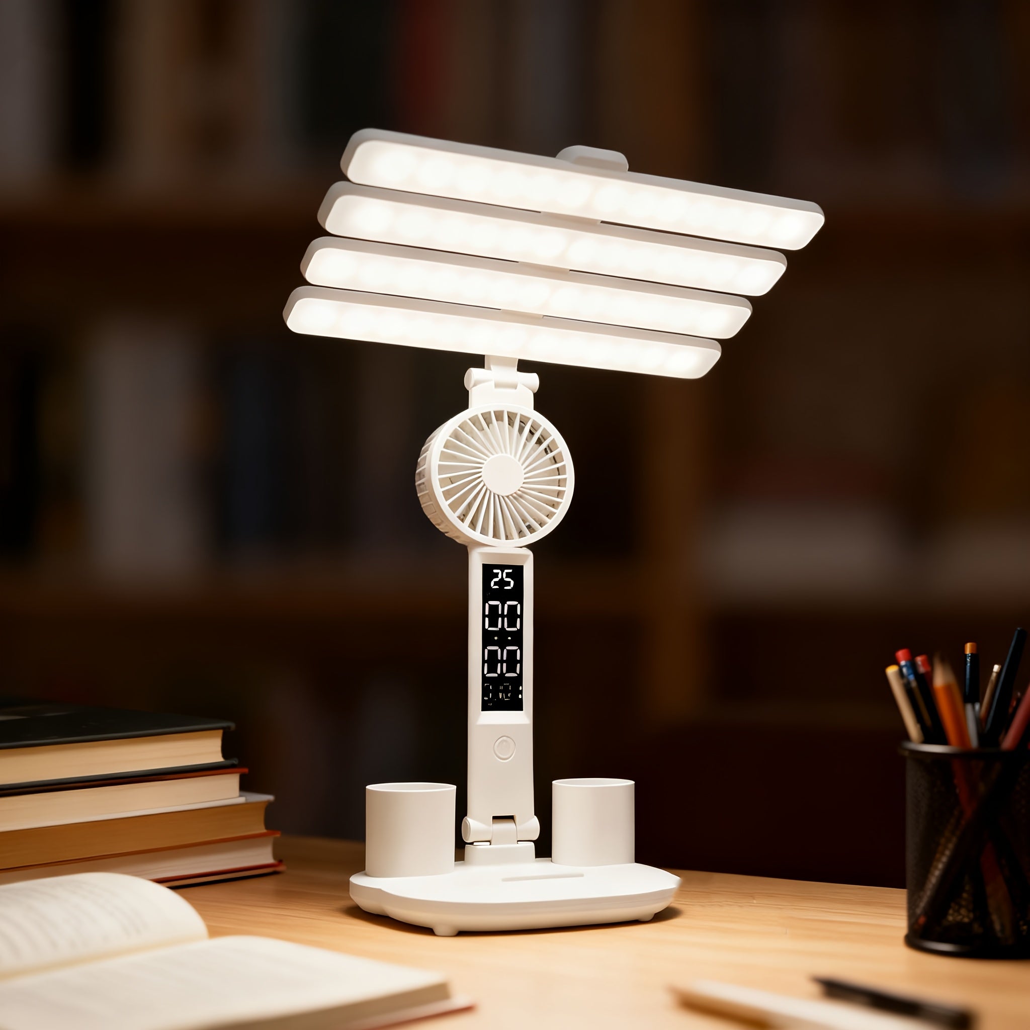 Multifunctional Folding Study Desk Lamp for Students, Built-in Fan, Clock & Temperature Display, Dual Pen Holder Storage, Phone Stand, Dimmable Eye-Caring Table Lamp, USB Powered