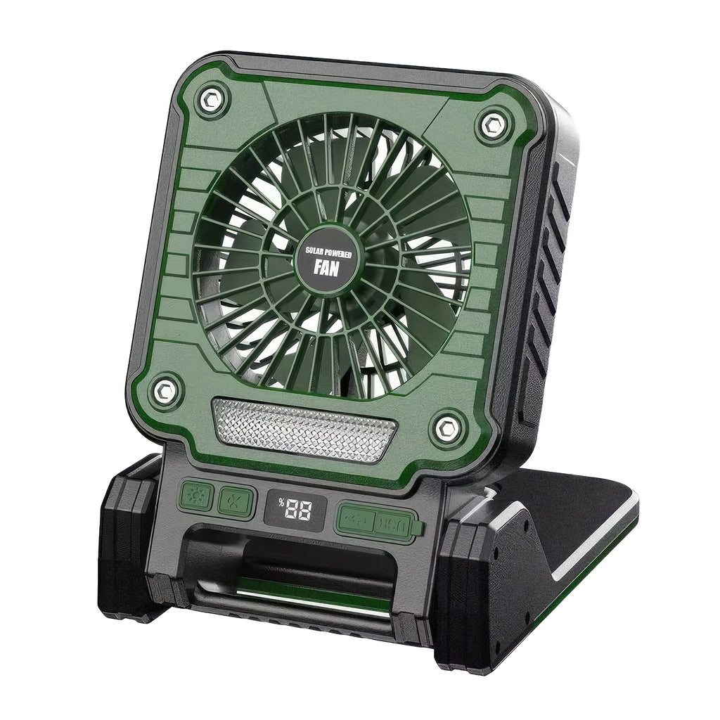 1PC Portable Foldable Solar Camping Fan with LED Light, 3 Speed Levels Adjustable, 5 Lighting Modes, Power Indicator & Power Output Function, 180° Angle Adjustment, Built-in Hook, Perfect for Camping