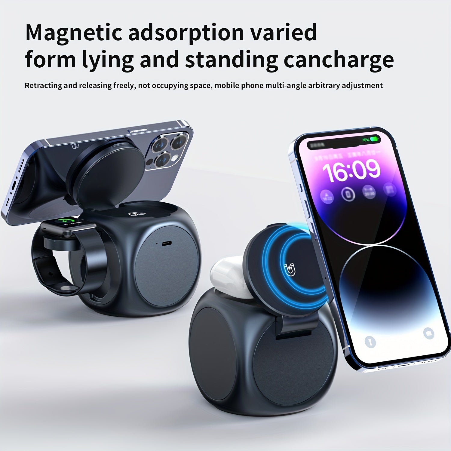 3-in-1 Magnetic Wireless Charging Station with 15W Fast Charging, All-in-One Charger for iPhone 15 14 13 12, for Samsung S24/S24/S22/S21, for Pixel, for Apple Watch & Smart Watch, for AirPods & Earbuds, Desktop Magnetic Charger