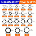 225-Piece O-Ring Assortment Set – Sealing Washers in 18 Sizes, Nitrile Rubber Round Gaskets, Elastic Oil-Resistant Seals for Professional Plumbing Repair