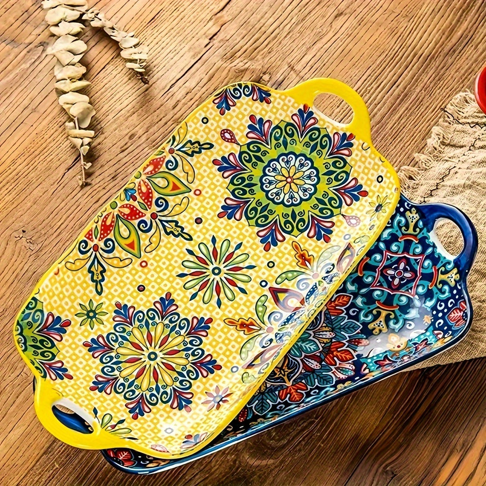 1 Piece Ceramic Bohemian Style 12.8-Inch Fish Plate with Double Handles – Kitchen Serving Platter – Rectangular Baking Dish Safe for Microwave & Oven