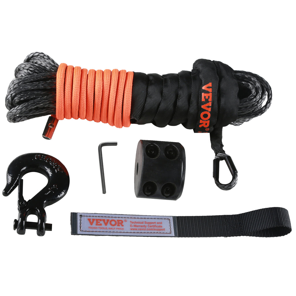 VEVOR Synthetic Winch Rope, 3/16″ / 3/8″ / 1/2″ x 50ft / 85ft / 92ft / 100ft 8,350lbs Synthetic Winch Cable Rope with Protective Sleeve + Stopper + Forged Winch Hook + Pull Strap, Universal for ATV, UTV, Vehicle Trailer