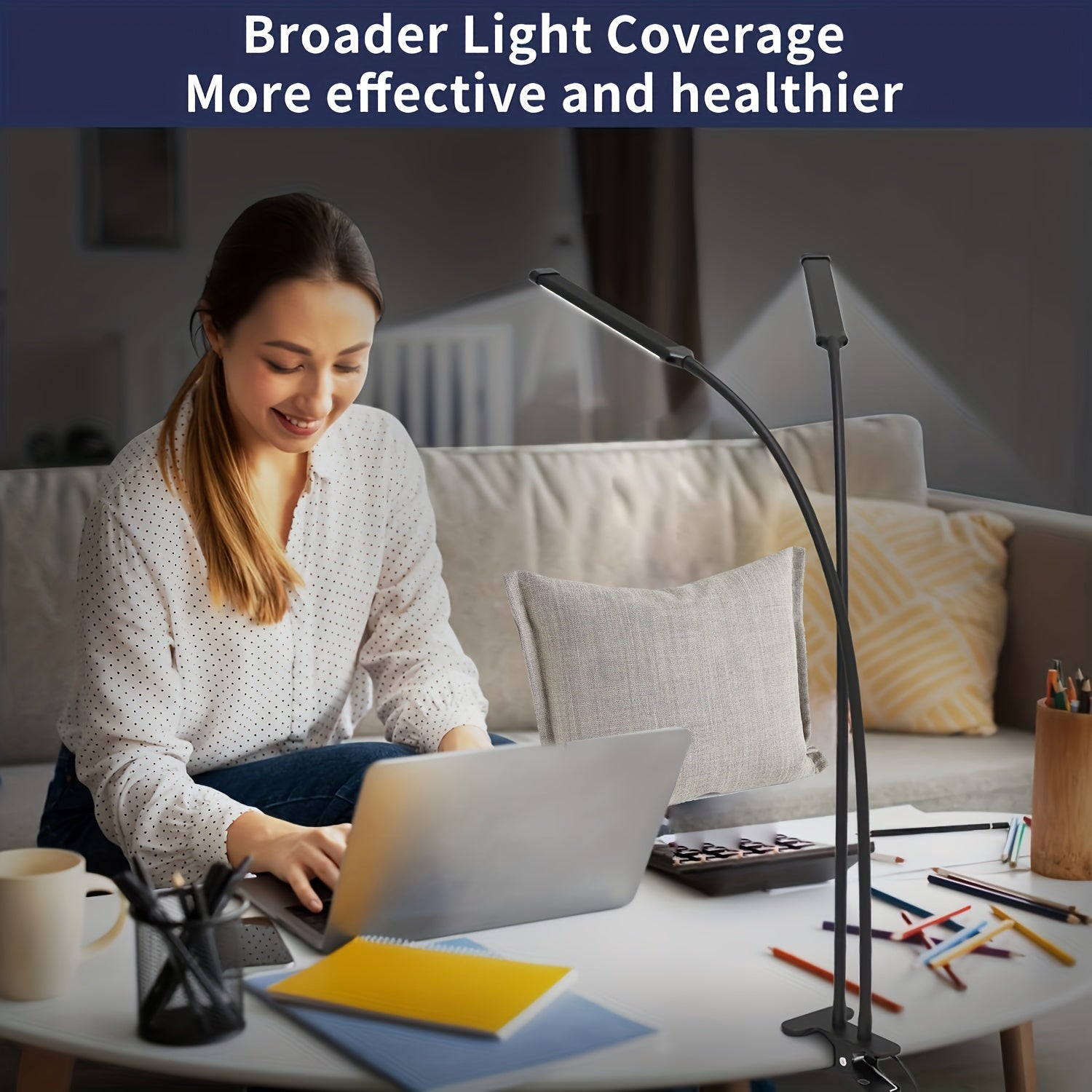 1 modern LED desk lamp, with 2 LED tubes, clip-on design, 3 color modes, 10 brightness levels, dimmable, flexible gooseneck, USB powered, switch control, plastic material, suitable for home office reading and task lighting
