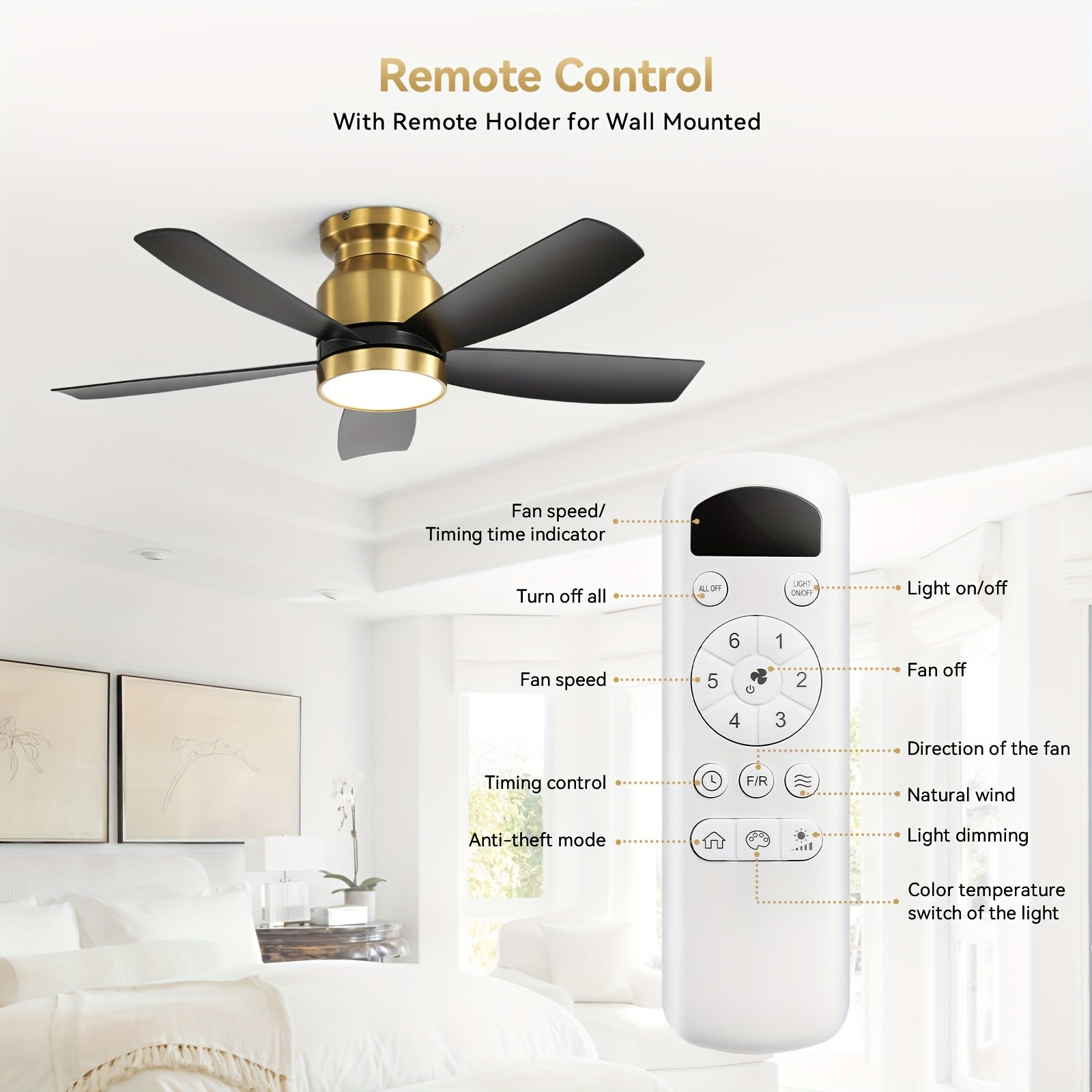 Sofucor 42 Inch Ceiling Fan with Light, 5 Blades Design, Equipped with Remote Control, Quiet Reversible DC Motor, Timing Function and 6 Speed Levels, Black &amp; Gold Available, Perfect for Modern Bedroom and Living Room
