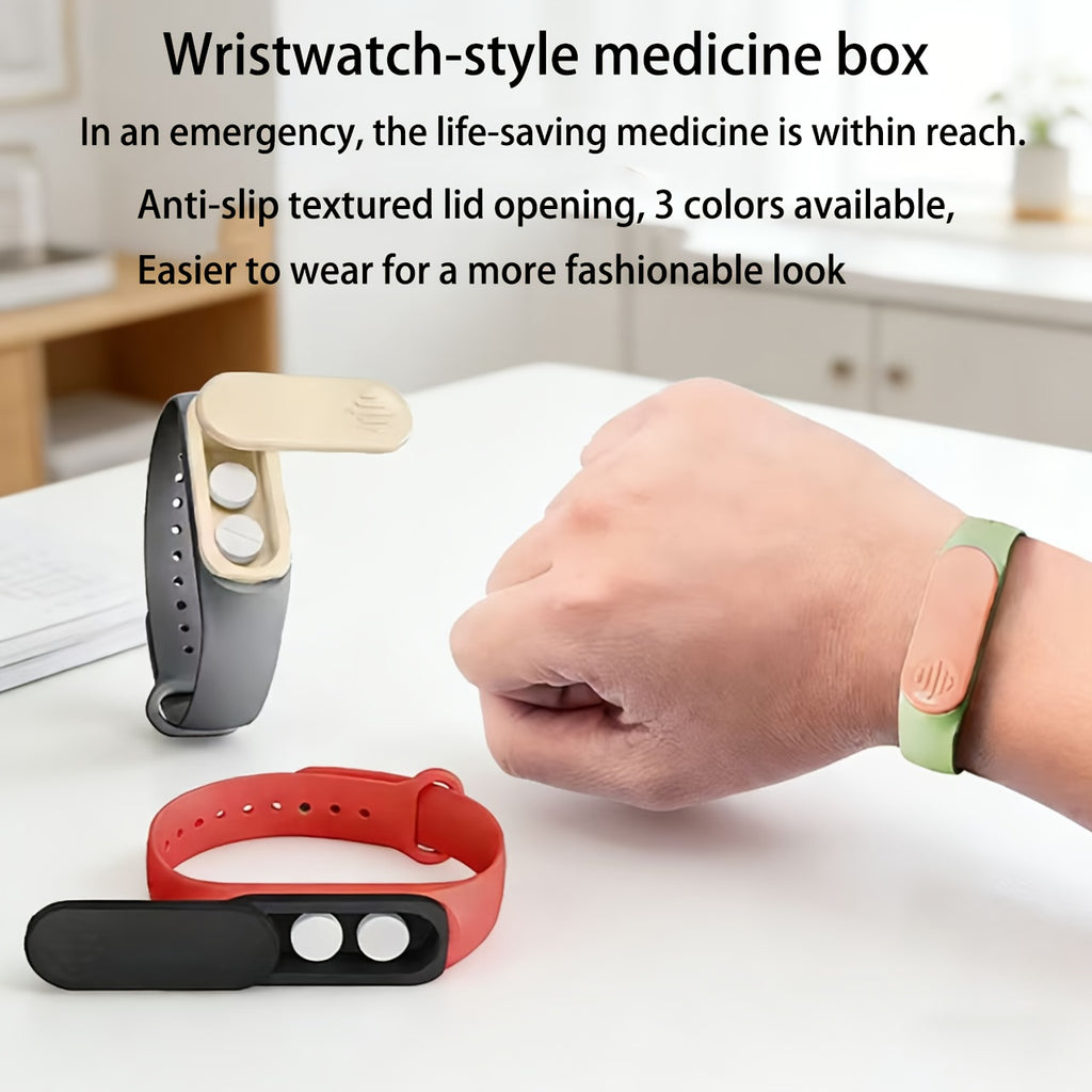 The new wristband-style portable first aid box can rotate 360 degrees, is lightweight, mini and portable, and is moisture-proof and sealed. It is used for carrying medicines on hand and is very suitable for the elderly and forgetful people, Onthego 药物,腕带设