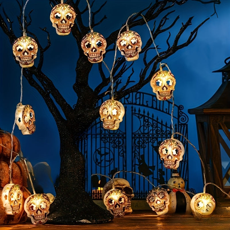 1 件彩色 LED 骷髅串灯 - 恐怖糖骷髅设计，带有鲜艳的花卉图案，非常适合万圣节和亡灵节装饰、派对、鬼屋和家居氛围 - 电池供电（不含电池），骷髅家居装饰