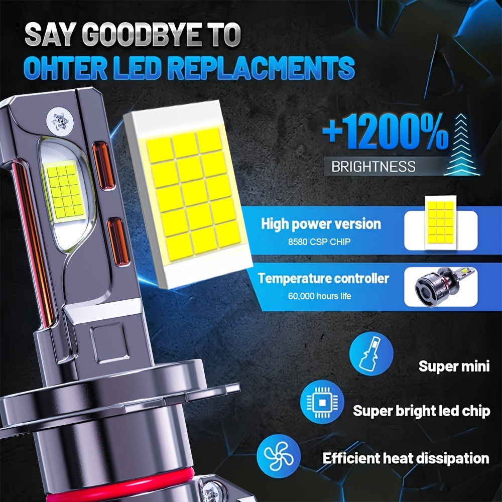 2-Pack Car LED Headlights - 380W, 600,000 Lumens, 1200% Brightness Increase, H1, H4, 9003, HB2, H7, H18, H11, H9, H8, 12V-24V, External Driver, High/Low Beam and Fog Light, Plug-and-Play, No Battery Needed. H11 Car LED Headlights