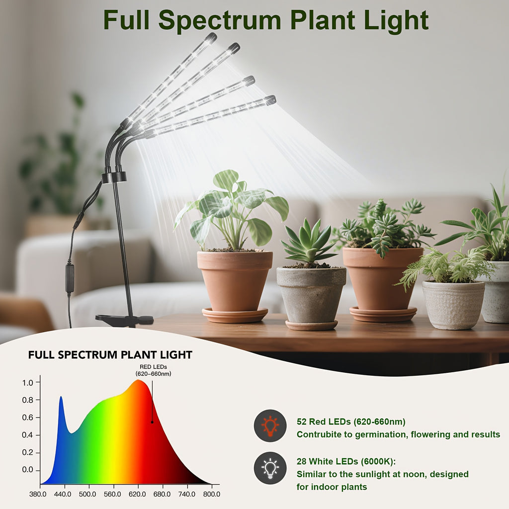 4-Head LED Indoor Plant Grow Light, Timing Design, Multifunctional Adjustable Lighting for Indoor Plants, 3 Modes Switch, Promotes Healthy Plant Growth, Suitable for Greenhouse, Nursery, Home Gardening and Garden, Local Warehouse Shipping