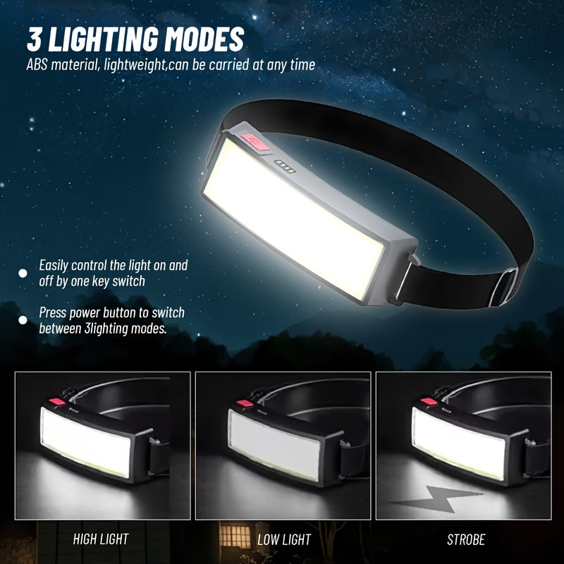 1Pc Bright COB LED Headlamp, 3 Modes Head Light, USB Rechargeable Hands-Free Flashlight, Portable Head Mounted Searchlight, Angle Adjustable, Ideal for Hiking Fishing Camping Adventure Home Emergency Lighting