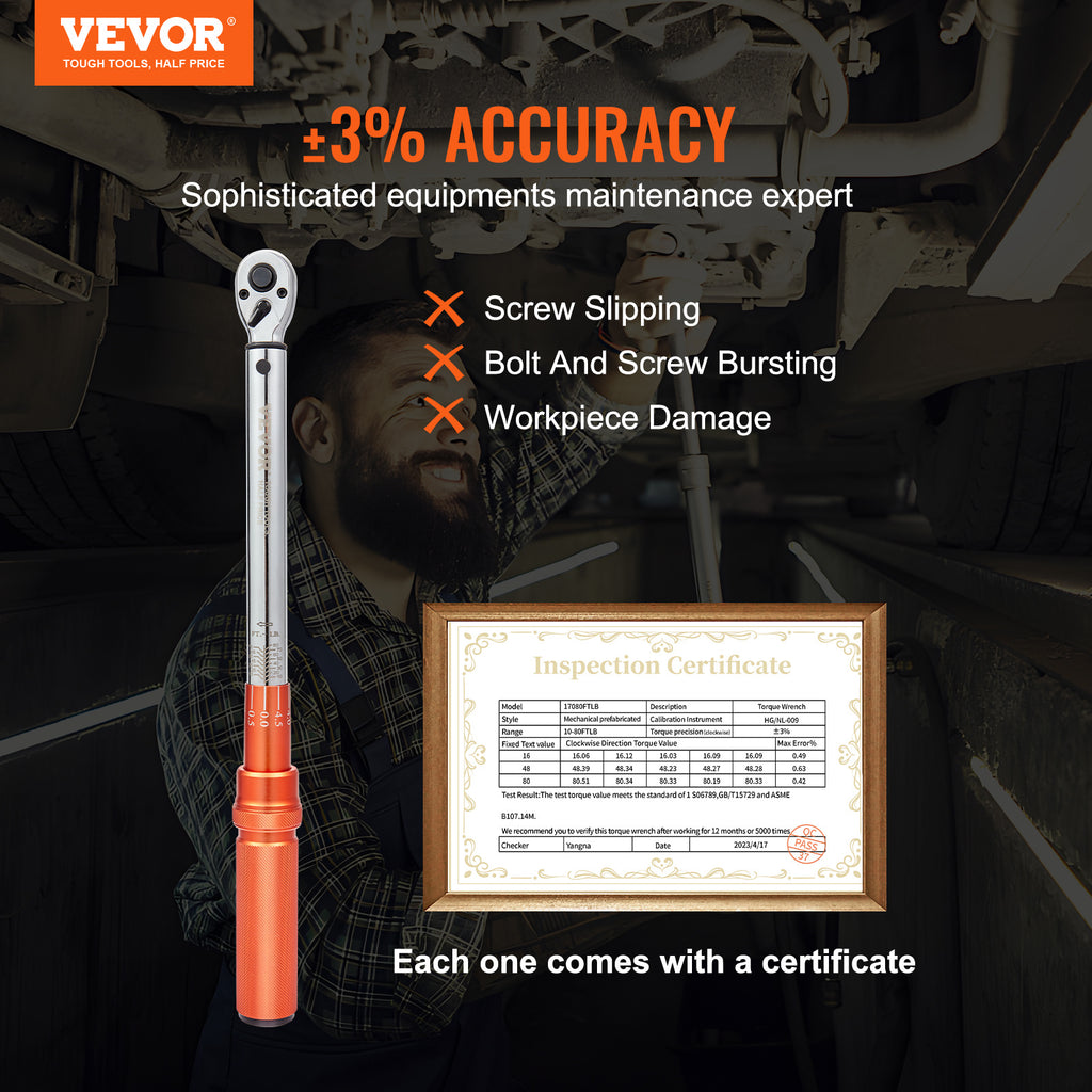 VEVOR Torque Wrench, 1/4“ / 3/8” / 1/2“ Drive Click Torque Wrench 10-80 ft-lbs / 20-200 in-lbs / 25-250 ft-lbs 3-23 Nm / 34-340 Nm / 14-110 Nm, Dual-Direction Adjustable Torque Wrench Set