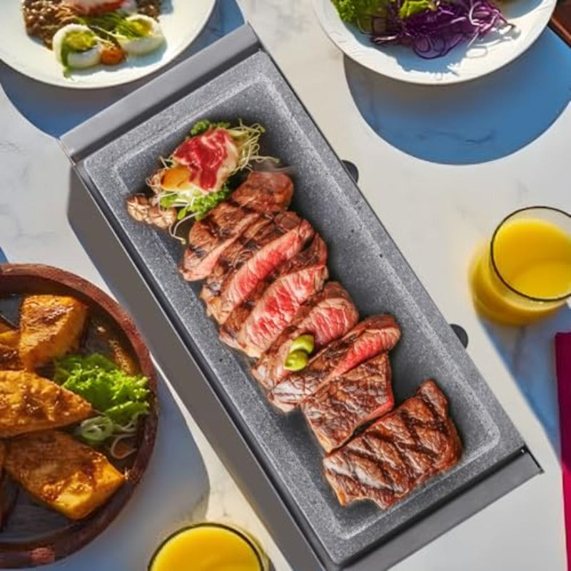 Artestia Volcanic Stone Grill | Smokeless BBQ Grill with Bamboo Stand, Fast-Heating Natural Volcanic Stone Cookstones, Ideal for Dinner & Family Entertainment, Dual Grill Racks, 14.56" x 6.69"