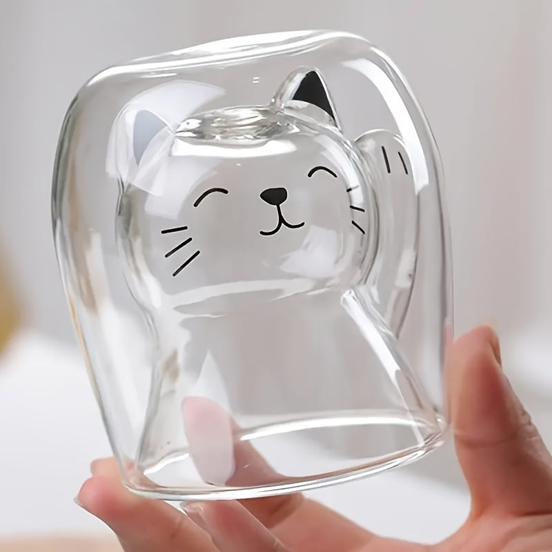 Cute Little Cat Glass Coffee Cup, Double-Wall Glass Milk Cup, Perfect for Breakfast, Coffee, Juice, Ideal for Personal Birthday & Holiday Gifts