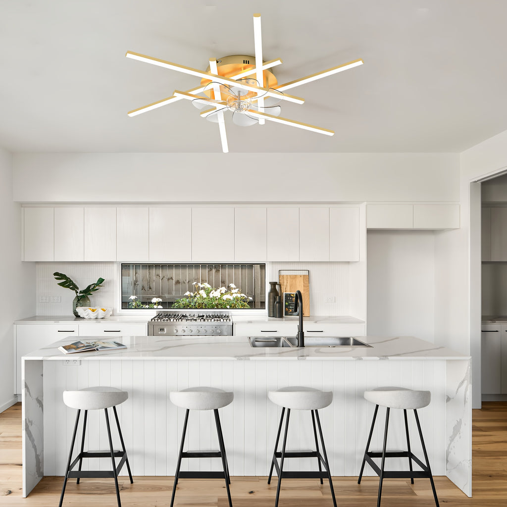 Modern LED Ceiling Fan with Light and Remote Control, Gold Sputnik Semi-Flush Mount Design, Chandelier Fan for Bedroom, Living Room, Dining Room, Kitchen & Office