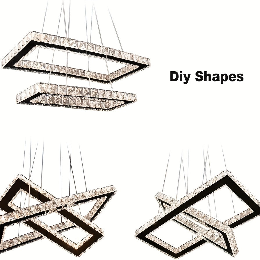 Modern pendant light with remote control, 20.5-inch LED dimmable 2-ring rectangular crystal chandelier adjustable height, dining room kitchen living room island light pendant light
