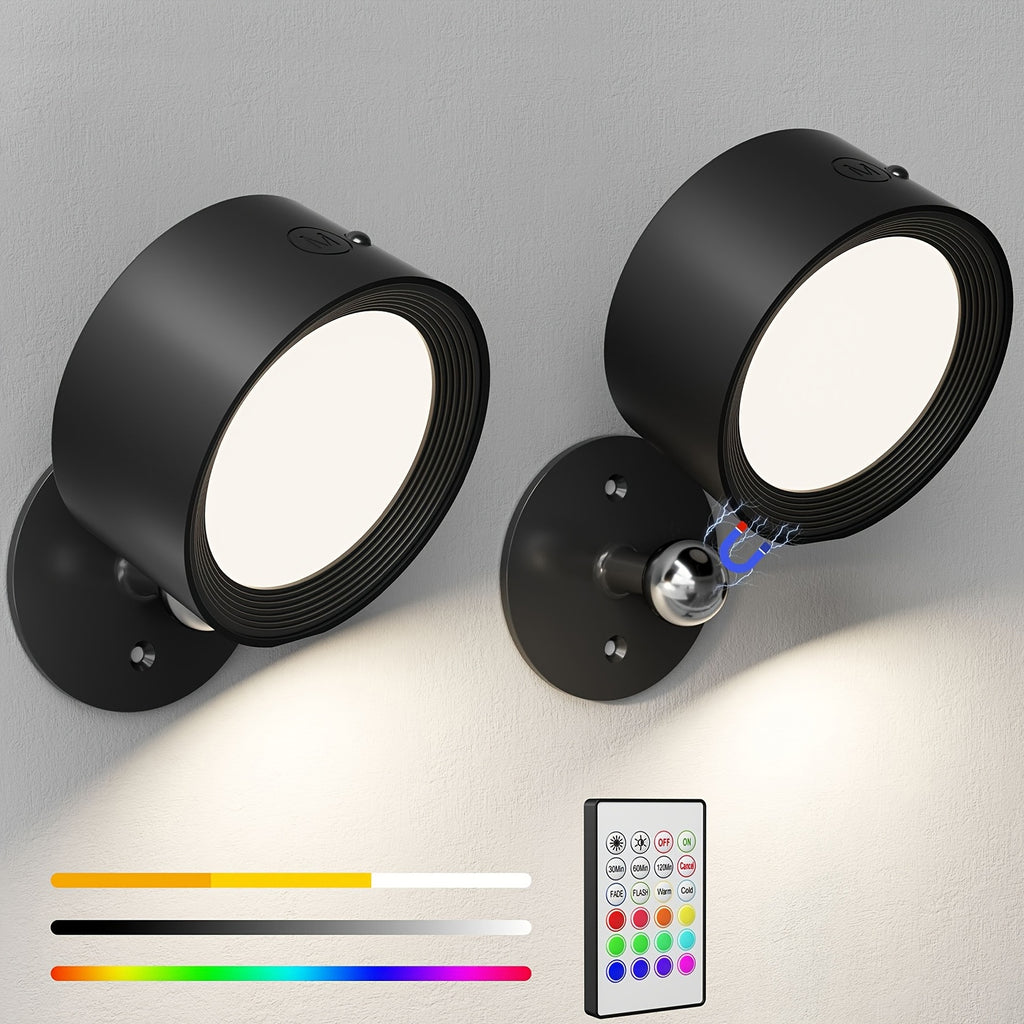 Smart RGB Ambient Wall Light, Remote and Touch Dimming, 12 Colors and 6 Brightness Levels, Rechargeable Magnetic 360° Rotation, Cordless Lighting for Living Room, Bedside, Hallway (Remote Control Battery Not Included)