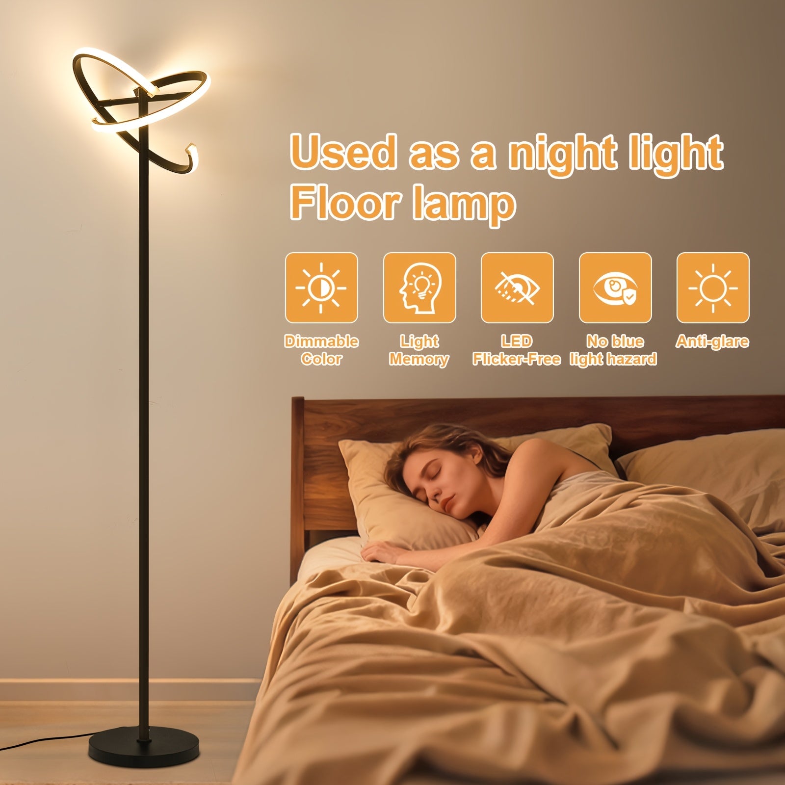 Modern rotatable floor lamp with remote control, dimmable black LED color-changing ambiance lighting, suitable for bedroom and living room, versatile shapes including heart shape, 48W LED floor lamp
