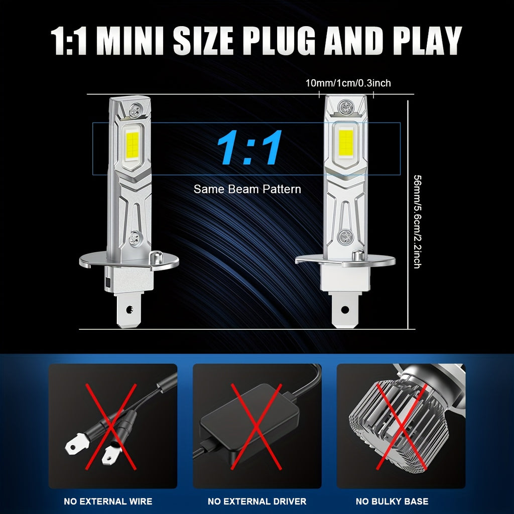 LupuAuto 2-Pack H1 LED Headlights, 1:1 Mini Super Bright Headlight Bulbs, 6500K White Light, 20000 Lumens, 90W, 12V Hardwired, Plug-and-Play, No Adapter Needed, No Battery Required, Suitable for Motor Vehicles