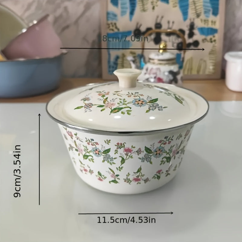 Multifunctional Enamel Thick Soup Bowl with Lid, Floral Pattern – Scratch-Resistant & Durable – Perfect for Home Cooking & Catering – Dishwasher Safe, Permanent Kitchen Essential