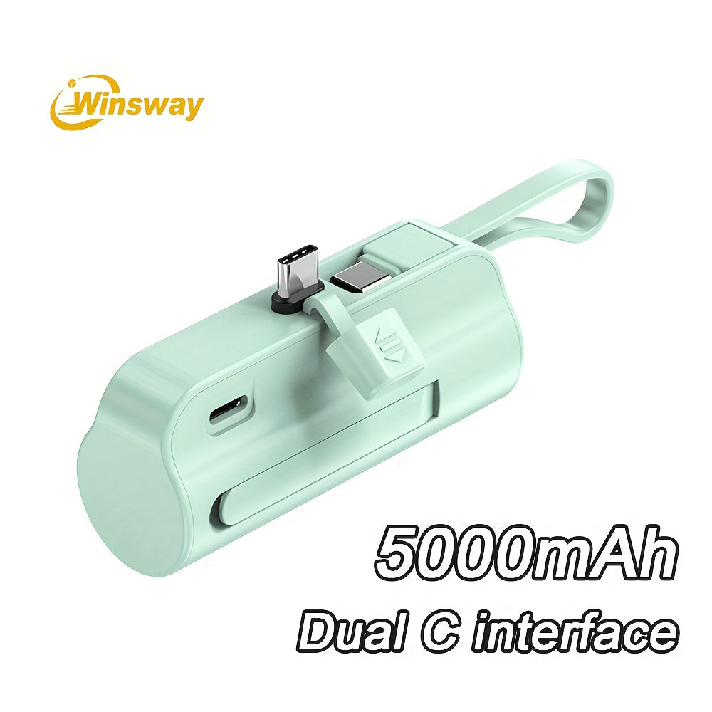 Winsway Mini Capsule Portable Stand Power Bank 5000mAh with Built-in USB-C Data Cable And Dual Ports for Charging Two Devices, Compatible with Most Electronic Devices, Suitable for Giving Friends Exquisite And Compact Gifts During Holidays