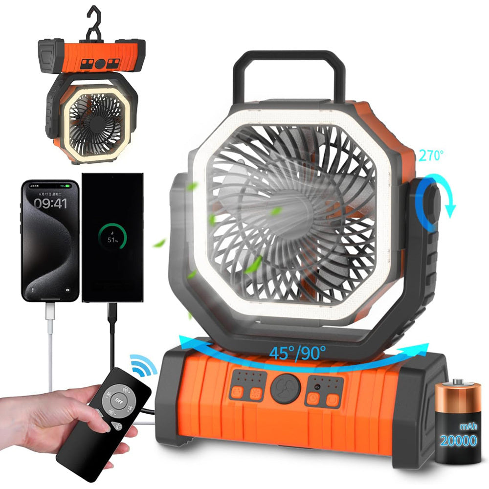 Camping Fan with LED Tent Light, Portable Outdoor Fan with Remote Control, 4 Speeds, 3 Light Modes, 20000mAh Rechargeable Battery, USB Charging, 360° Rotatable Hook for Tent Camping Travel