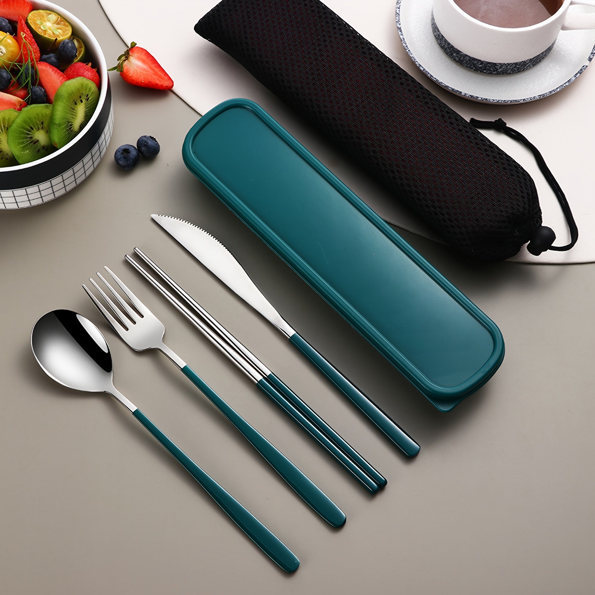 4pcs Stainless Steel Cutlery Set – Bright Polished Thickened Round Handle Dinner Knife, Chopsticks, Spoon, Fork Set – Portable Cutlery Box for Students, Outdoor Dining, Picnics