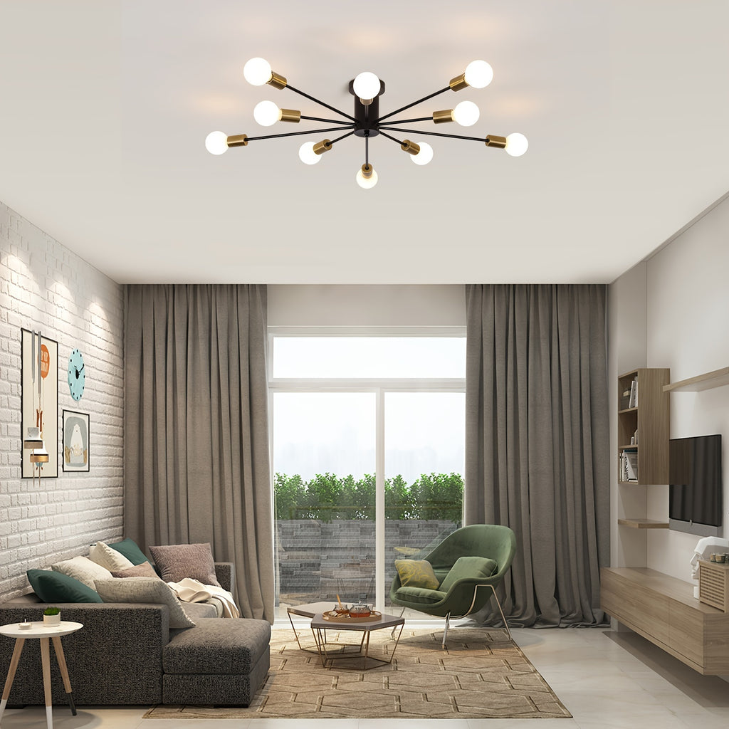 Enkel 10-Head Modern Industrial Style Satellite Pendant Light - Black Gold Semi-Flush Mount Ceiling Light, 38-Inch Wide Hardwired Pendant Light with Dimmable Function (Compatible with E26/E27 Sockets), Suitable for Living Room, Kitchen, Bedroom