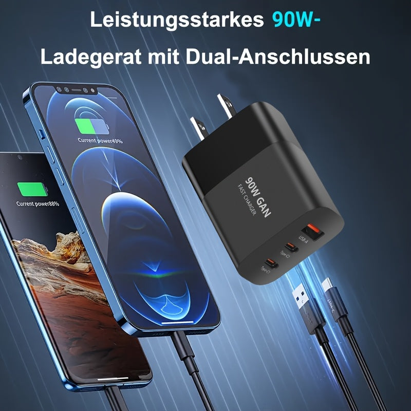 90W 3-port Fast Charging USB-C Charger, American Plug, Portable Charging Set