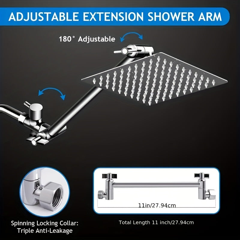Shower Head - 8" High Pressure Rain Shower Head & Handheld Combo with 11" Extension Arm, 5-Setting Adjustable Leak-Proof, with Holder/Hose, Height & Angle Adjustable