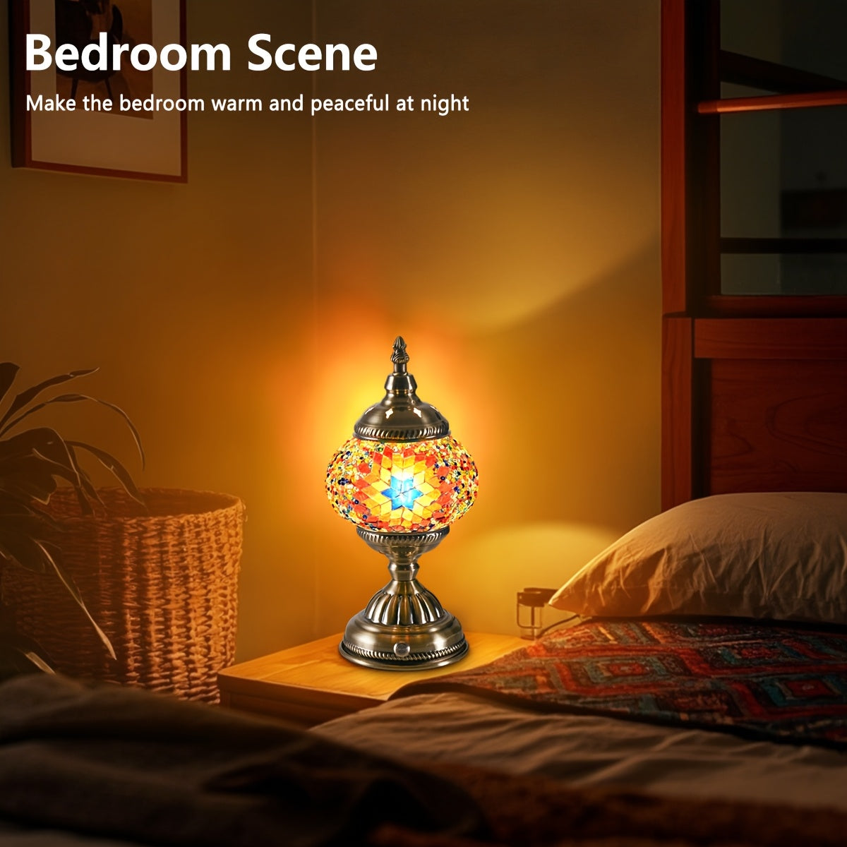Turkish Moroccan style lamp, bronze base, colorful handmade mosaic glass, bohemian night light, bedroom decoration, holiday gift (LED bulb included)
