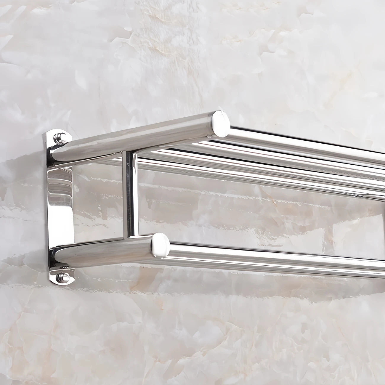 1pc Wall Mount Bathroom Double Layer Shelf - 19.69" Long, Easy Install with 5 Hooks, Polished Mirror Finish, Wide Spacing for Ventilation & Drying, for Home Bathroom, Hotel Toilet