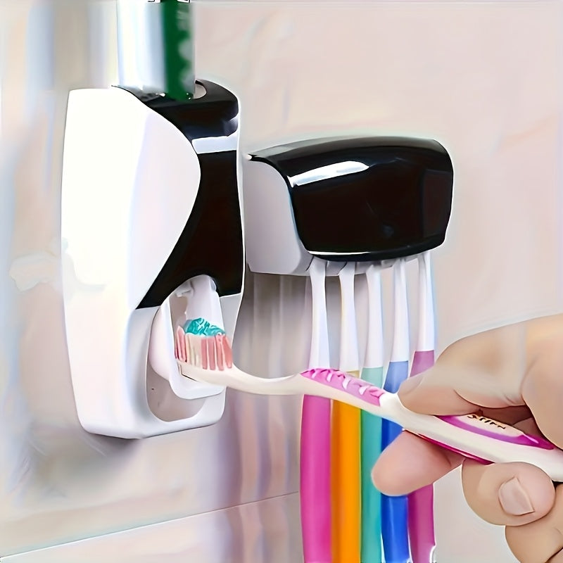 [5-Slot No-Drill] Toothbrush Holder & Press-Type Toothpaste Dispenser Set - Large Capacity ABS Plastic Wall Mount (Holds 5 Toothbrushes) - Dustproof & Moisture-Proof Design, Space-Saving