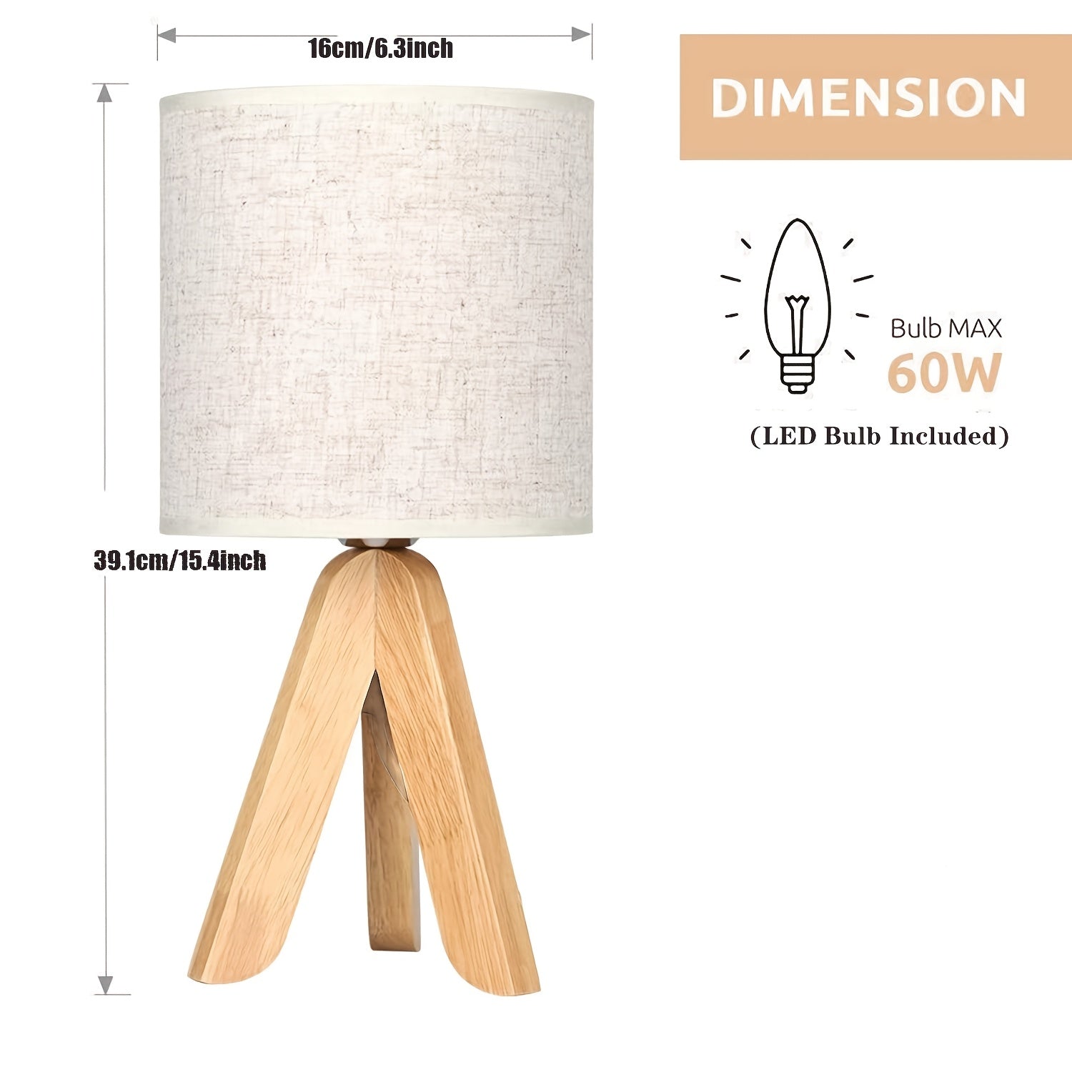 Wooden tripod table lamp, small table lamp with linen lampshade, bedside table lamp for bedroom, office, dormitory, USB powered, bulb included