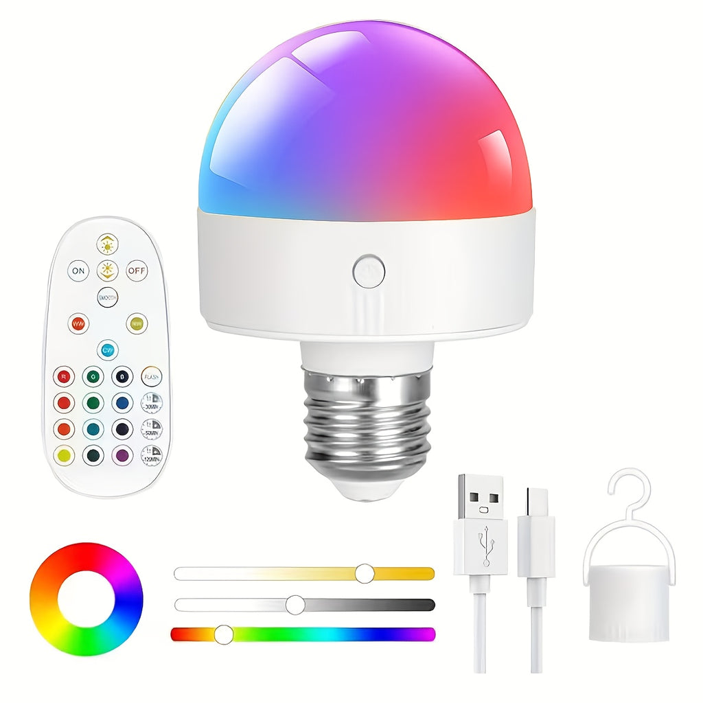 Single remote control rechargeable smart LED light, with E26/E27 base, supports USB charging, provides adjustable color temperature and brightness, very suitable for use in living rooms and bedrooms, can be used as a ceiling light