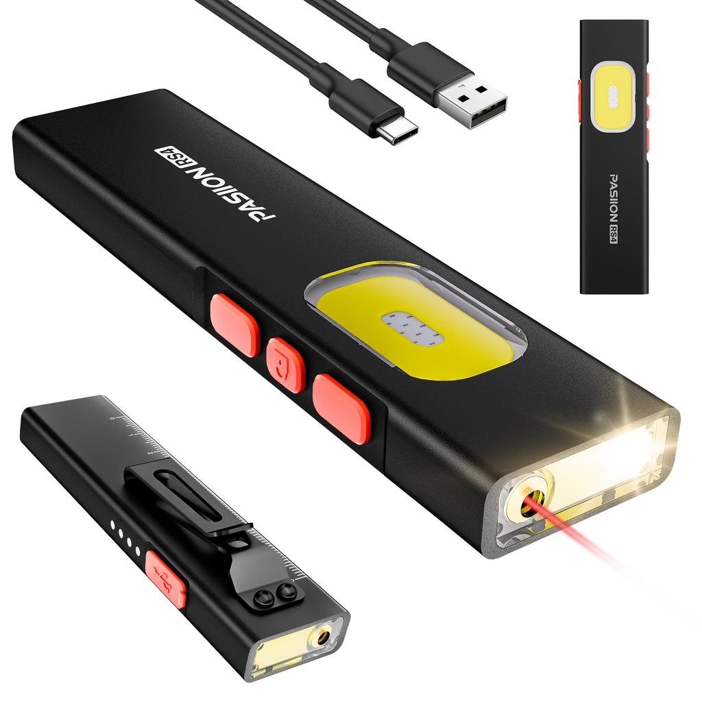Rechargeable Red Laser EDC Flashlight, 1500 Lumen Flat Flashlight with Red & Blue Light - Small LED Flashlight, Multi-Color Side Light, Magnetic Base, USB-C Charging, Dual Switch for Inspection