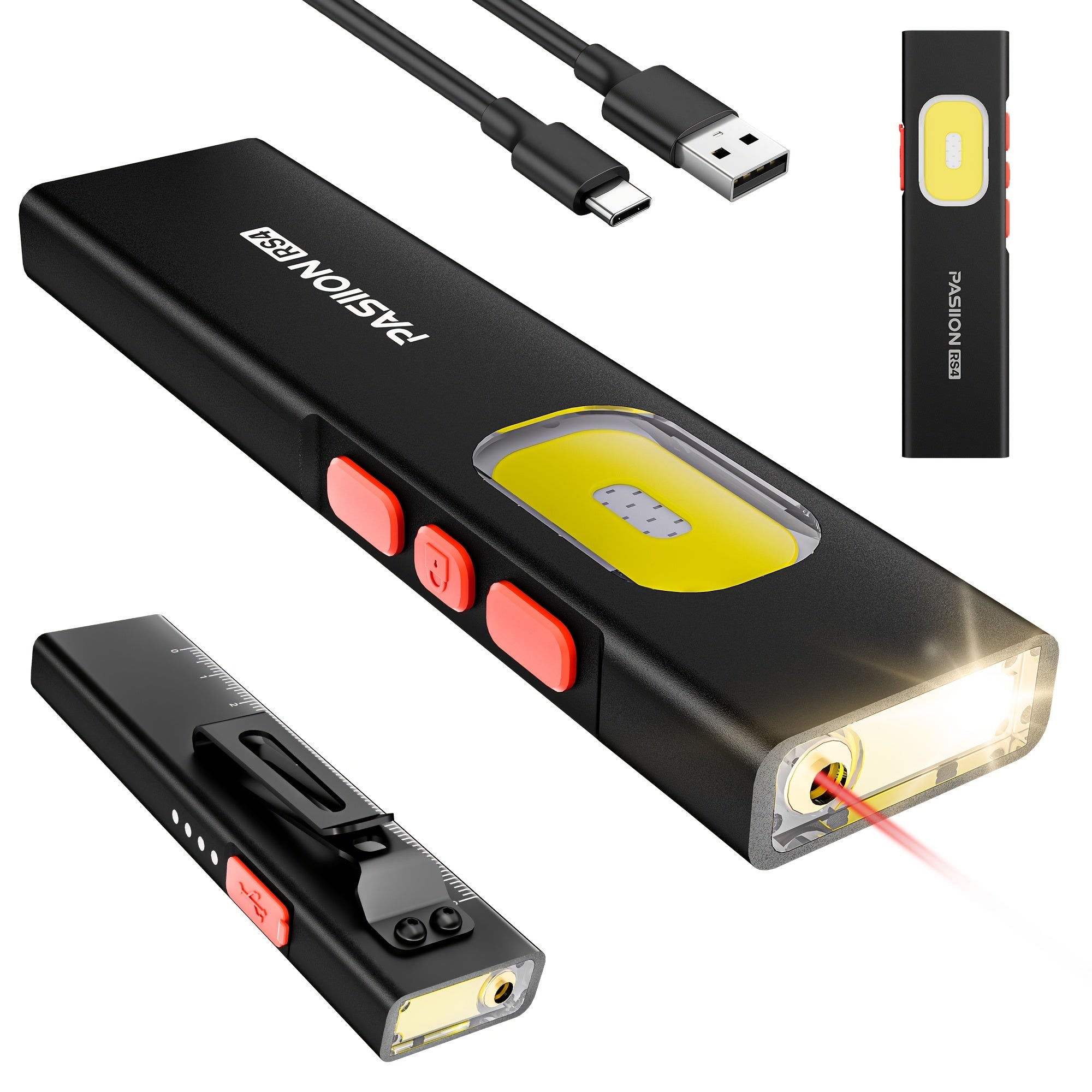 Rechargeable Red Laser EDC Flashlight, 1500 Lumen Flat Flashlight with Red & Blue Light - Small LED Flashlight, Multi-Color Side Light, Magnetic Base, USB-C Charging, Dual Switch for Inspection
