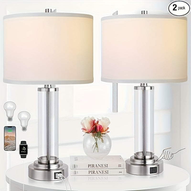 Touch control USB-C+A table lamp set for bedroom (2 pieces), 3-level dimmable modern bedside night light with cream fabric shade, reading bulb included
