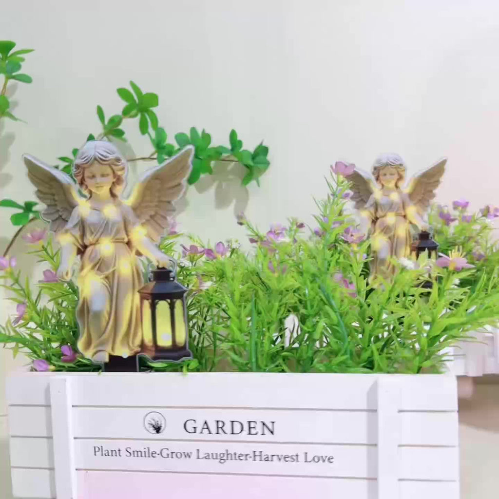 2D Flat, Angel Statue Garden Stake with Light-Up Lantern and Sharp Base - Self-Lit Outdoor / Acrylic Plant Flower Pot, Courtyard Decoration - Angel Holding Lantern, Durable Ground Stake (No Wiring Needed), 2D Flat