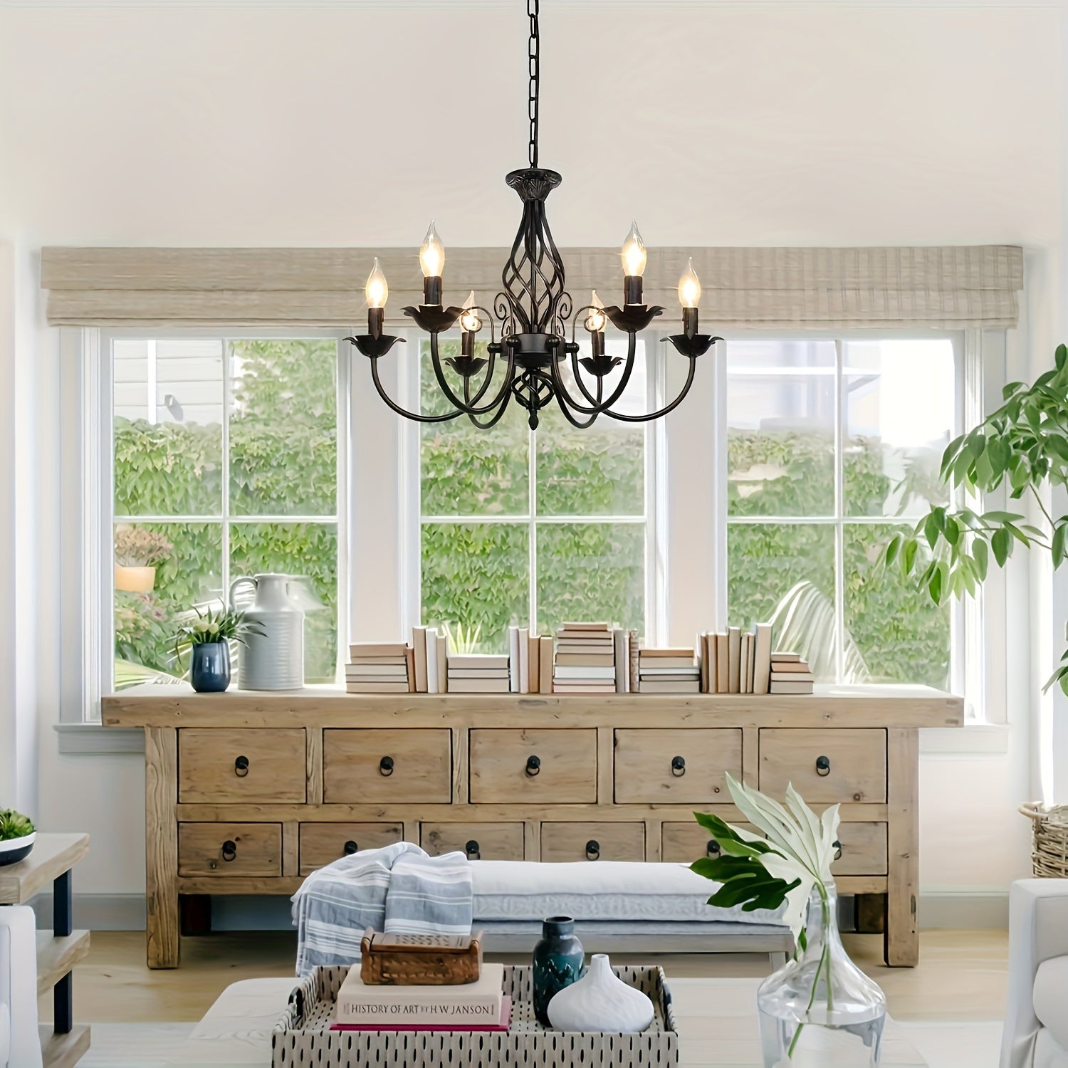 Farmhouse Candle Chandelier Ceiling Light, Rustic Industrial Pendant Ceiling Fixture, Vintage Chandelier for Bedroom, Hallway, Kitchen, Dining Room, Bar, Foyer, Matte Black E14 Bulb Base (Bulb Not Included)