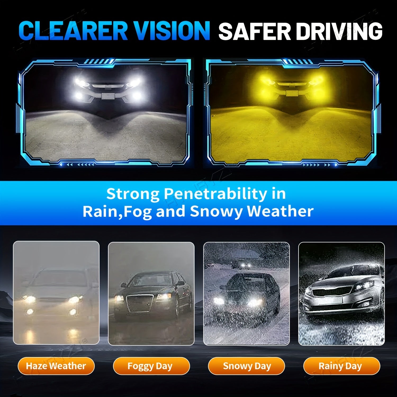 Set of 2 H7 LED Headlights, Compatible with 9005/HB3, 9006/HB4, 9012, H11, H4 and H1 Bulbs, Available in 6000K White and 3000K Yellow Dual Colors, with One-Key Switch, High Brightness CSP Chip, No Battery Included