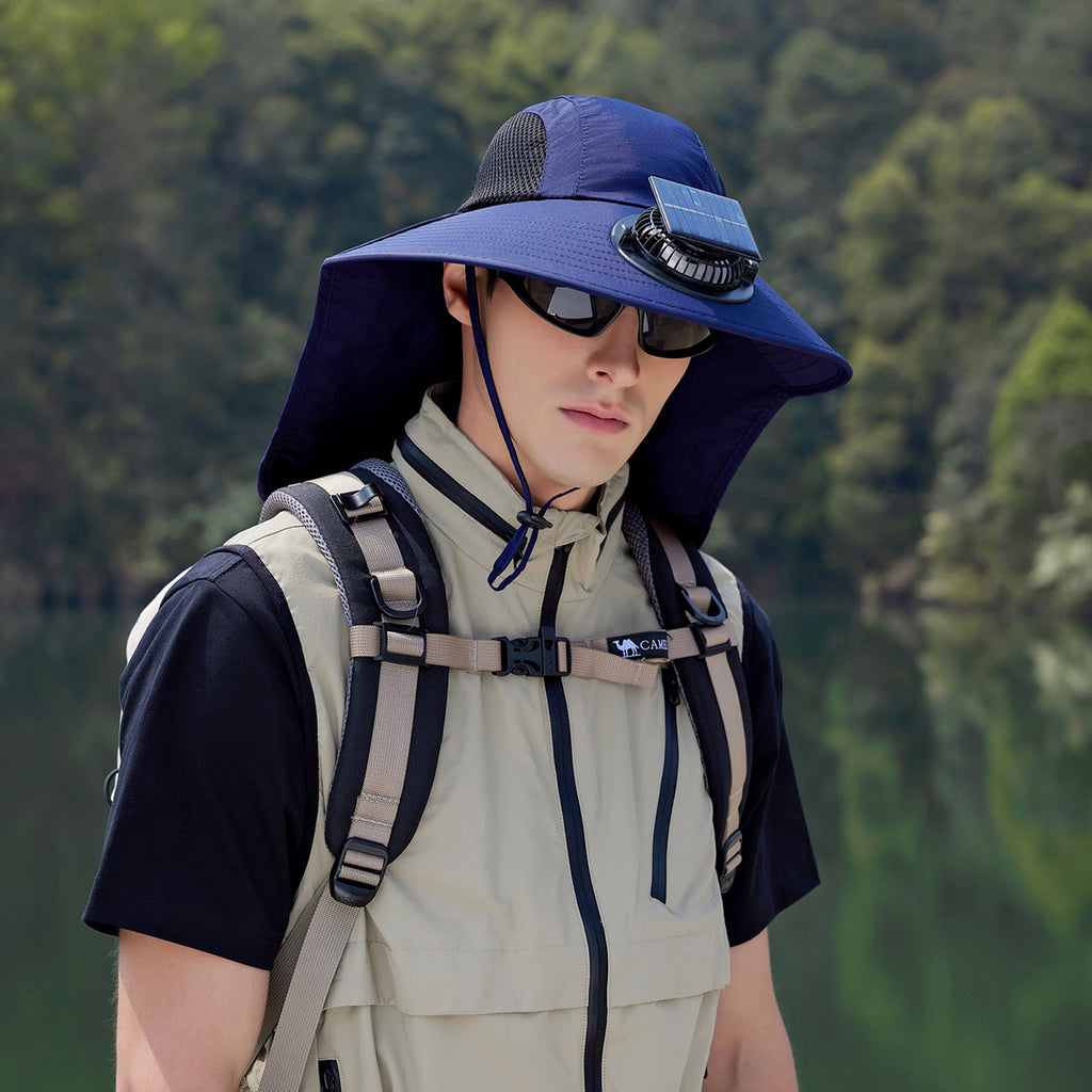 Men's Sun Hat with Solar Fan, Wide Brim Outdoor Boonie Hat, Lightweight African Safari Hat