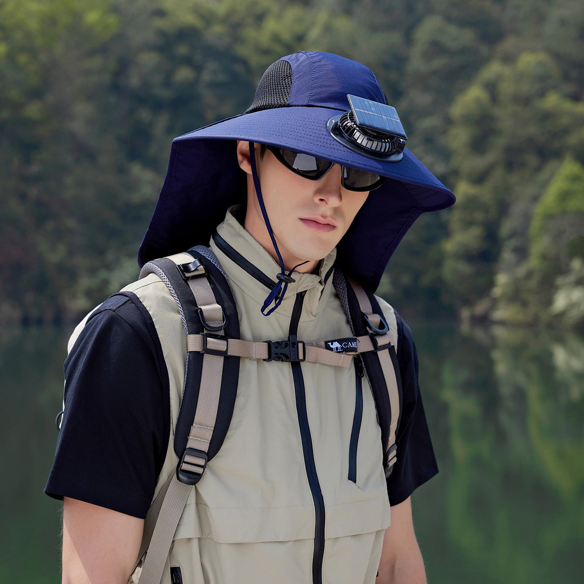Men's Sun Hat with Solar Fan, Wide Brim Outdoor Boonie Hat, Lightweight African Safari Hat