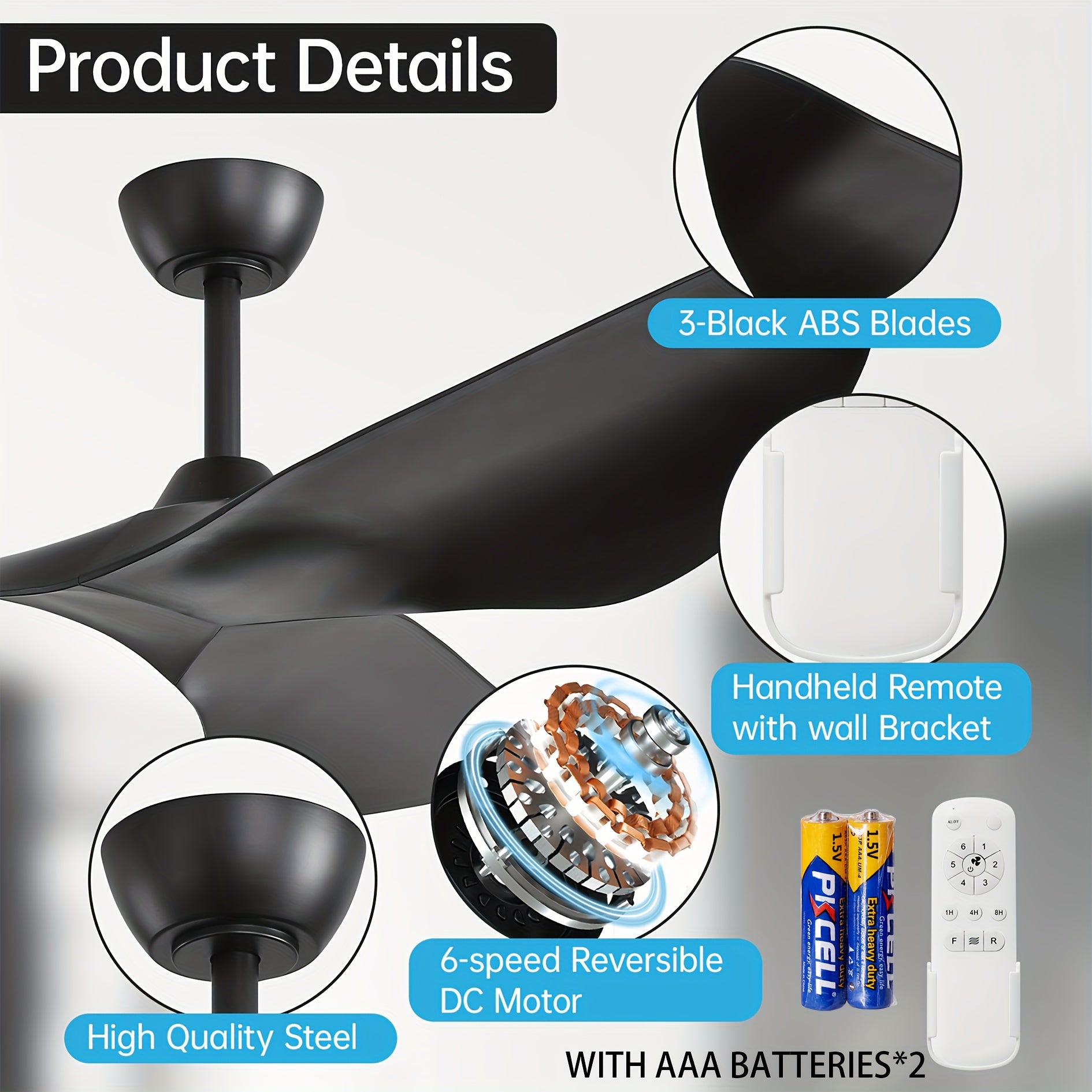 Sofucor Modern 38" Smart Ceiling Fan, Remote Control, DC Motor, 3-Blade Design – Quiet Operation, Black/White, Outdoor Rated (120V), Ceiling Mount – Modern Bedroom & Living Room Fan
