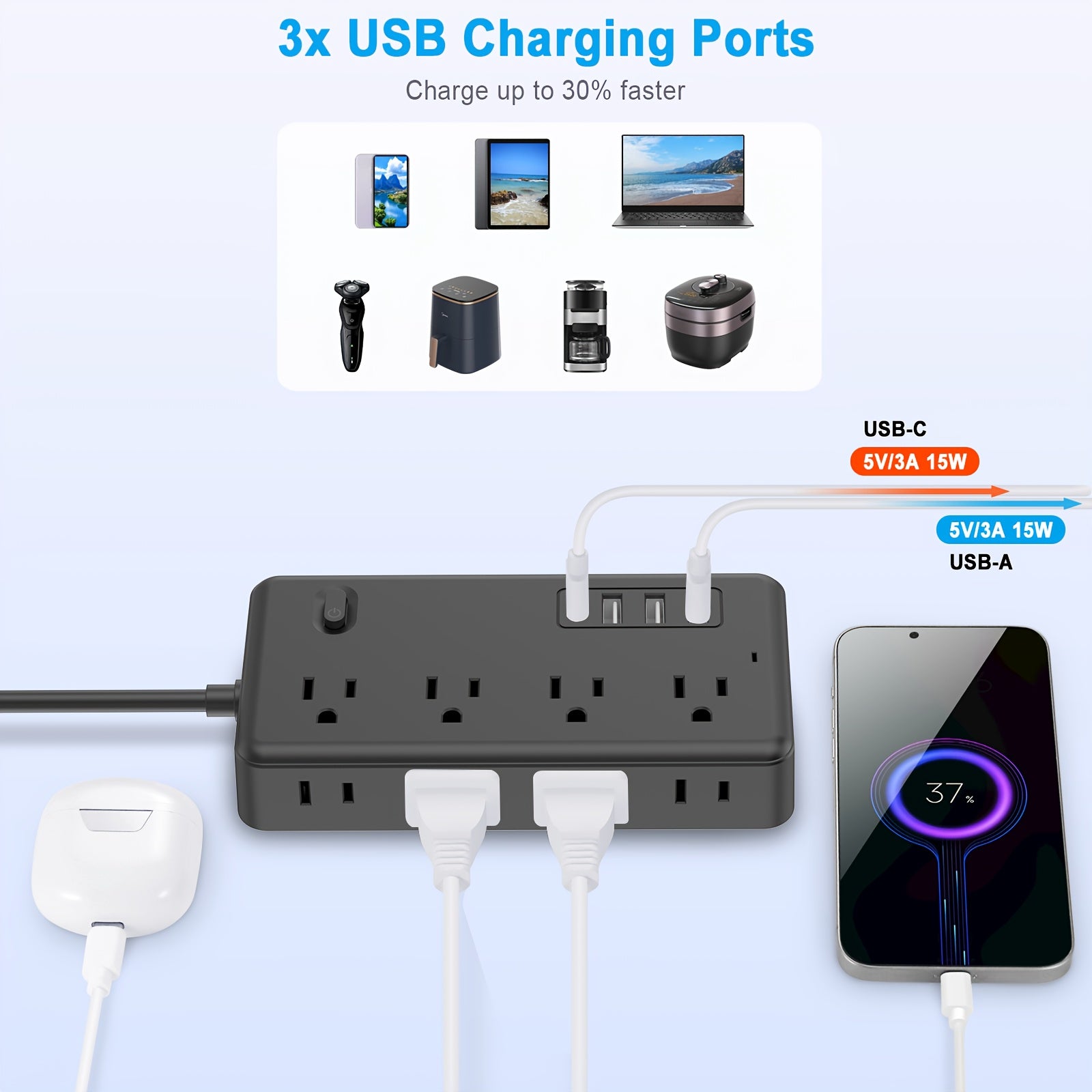 5FT/10FT Power Cord, Surge Protector with 8 AC Outlets And 3 USB And 1 Type-C Port, Compact Desktop Charging Station, Wall-Mounted, Suitable for Office, School, Dormitory