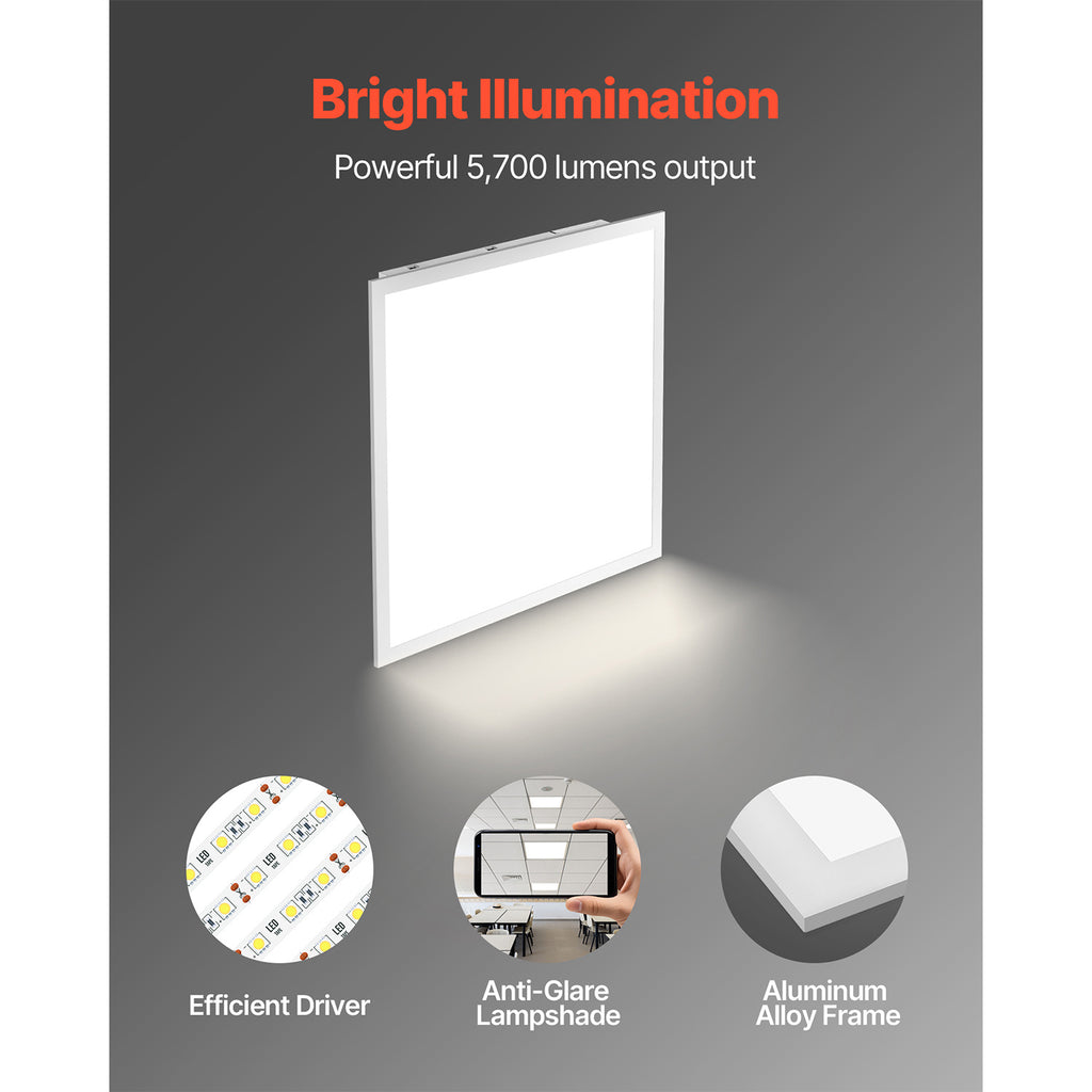 VEVOR 2x2 ft LED Flat Panel Light, 5700 Lumens, Recessed LED Ceiling Fixture, 3 Color Options 3000K/4000K/5000K, 25W/30W/40W, 0-10V Dimmable, Ultra-Slim Design Suitable for Home Kitchen, 4-Pack