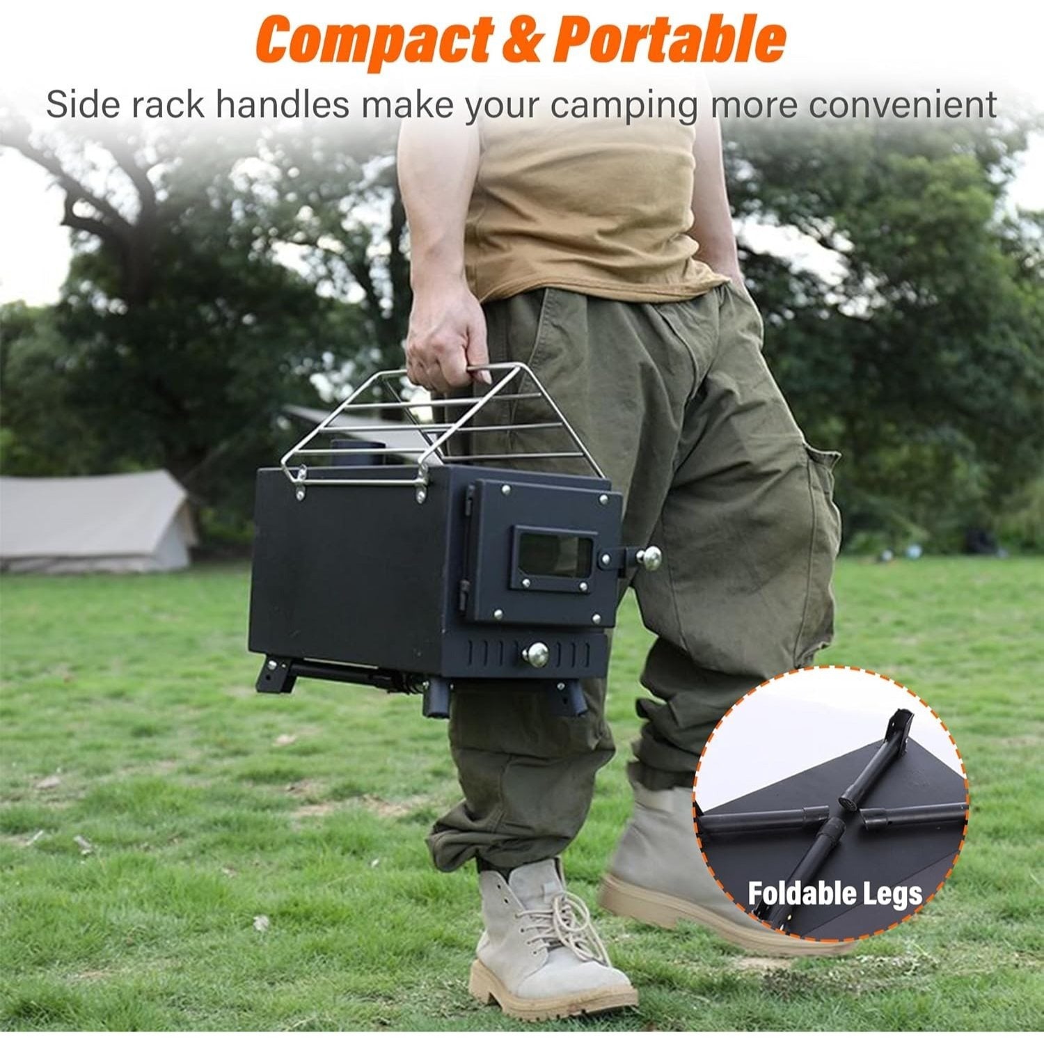 Wood Burning Stove, Stainless Steel Camping Stove, Portable Wood Stove, Outdoor Cooking Camping Wood Stove with 5 Chimney Pipe Sections & Gloves, Ideal for Ice Fishing