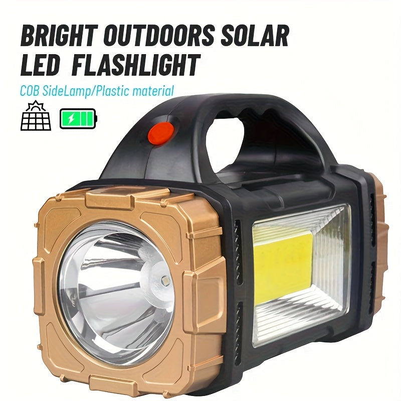 1pc solar multi-functional outdoor flashlight, USB rechargeable LED spotlight, portable COB camping light with side light, suitable for night reading, hiking, mountaineering, fishing, emergency situations