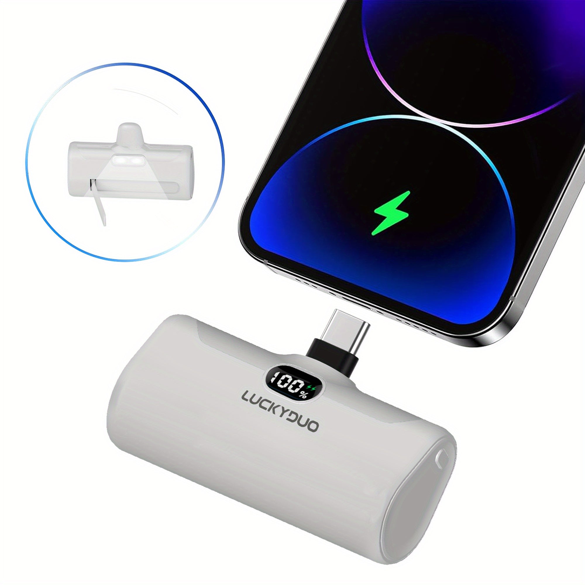 旅行用USB-C便攜充電寶，5000mAh Type-C口手機快充移動電源（15W），帶支架和LED燈的迷你電池組，適用於iPhone 15/16及三星手機