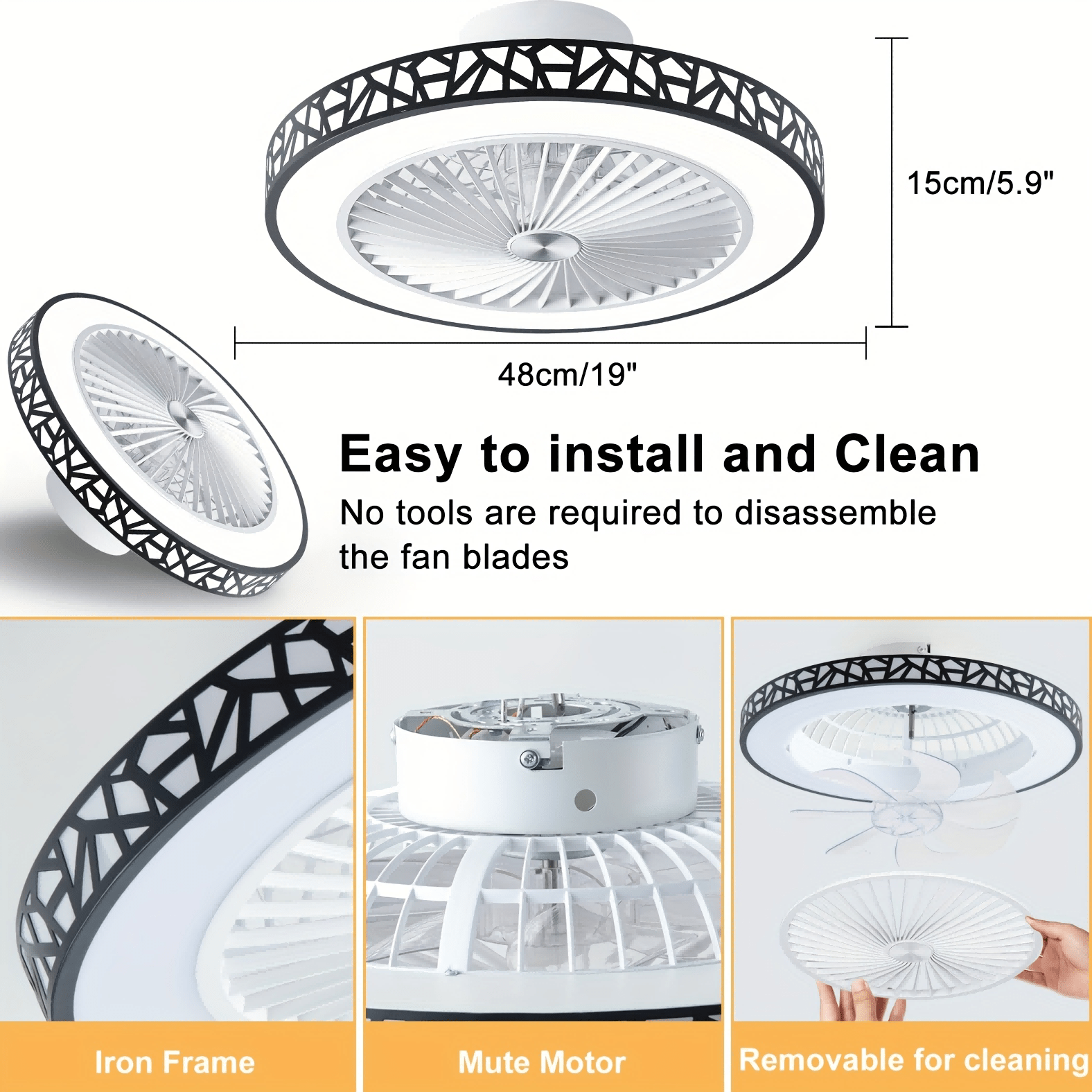 19" Low Profile Ceiling Fan with Remote, Modern Flush Mount Ceiling Fan, Dimmable LED with 3 Color Temperatures, 6-Speed Reversible Fan, for Bedroom, Living Room, Office, Indoor Use